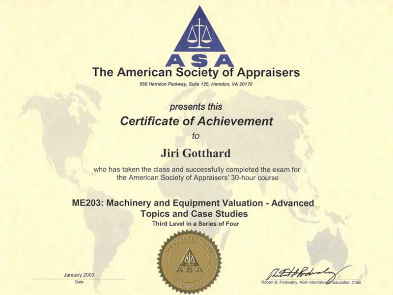 certifikát ME203: Machinery and Equipment Valuation – Advanced Topics and Case Studies