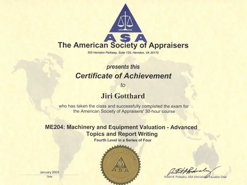 certifikát ME204: Machinery and Equipment Valuation – Advanced Topics and Report Writing